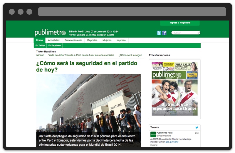 Publimetro, the first HTML5 news site in Peru, designed by Lúcuma labs